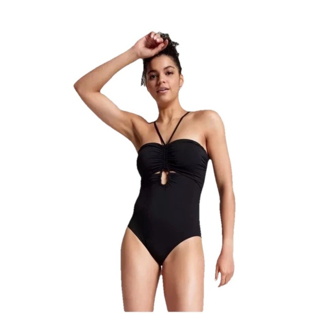 Calia Womens Black Shirred Cutout One Piece Low Support Stretch Size 12 NWT